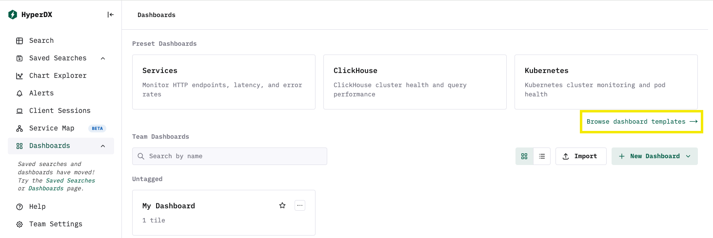 대시보드 템플릿 둘러보기 버튼