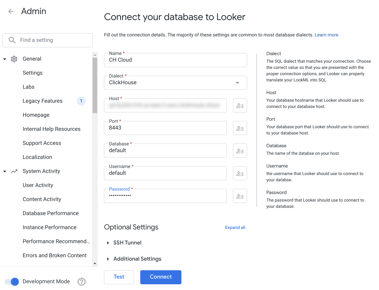 Looker 연결 양식에서 ClickHouse 자격 증명을 지정하는 화면