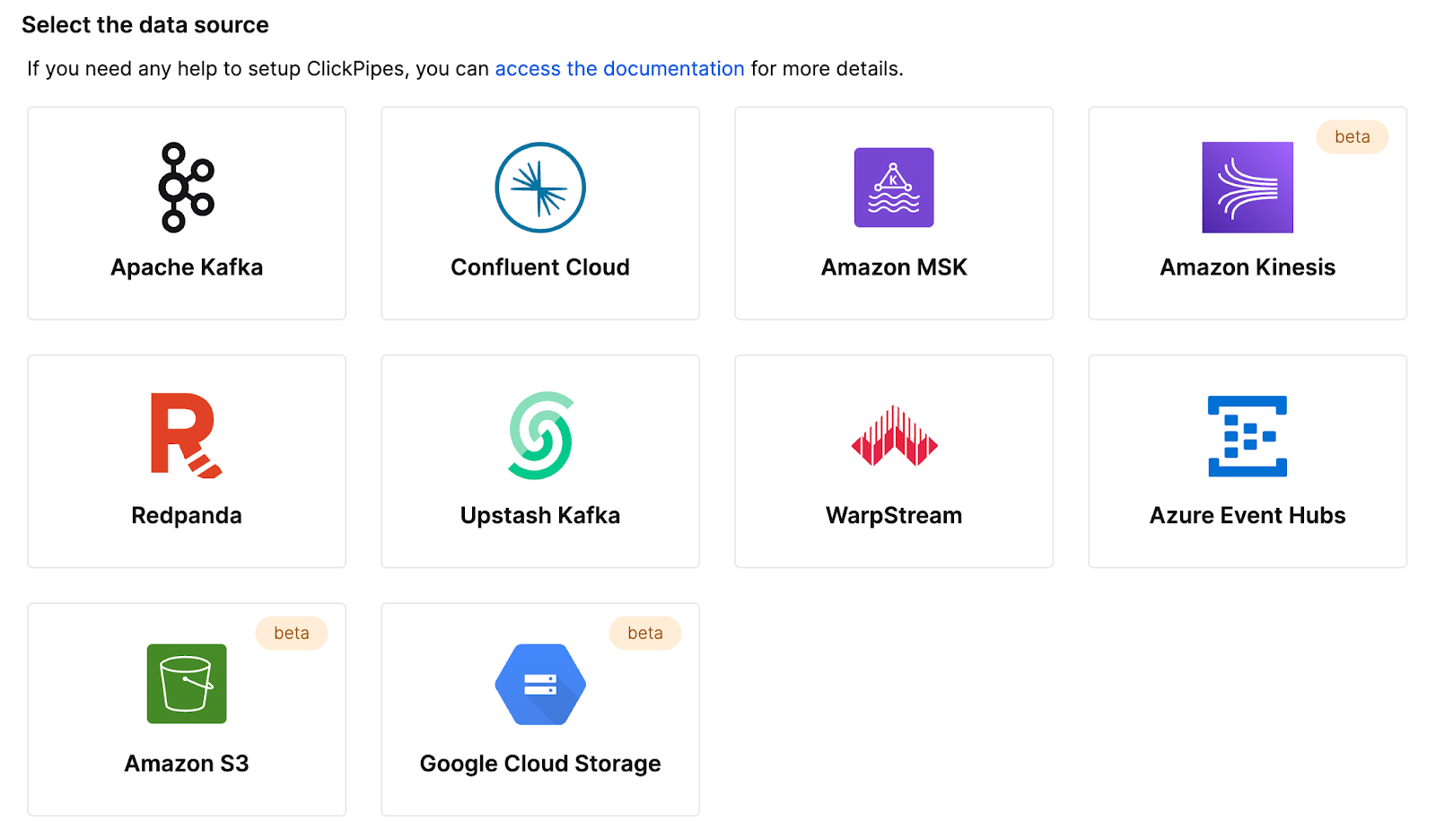 Amazon Kinesis 통합 설정 옵션을 보여주는 ClickPipes 인터페이스