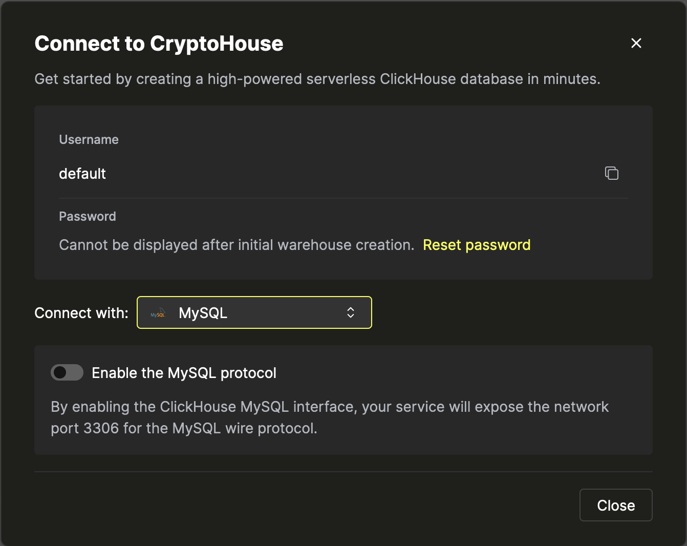 자격 증명 화면 - MySQL 선택됨