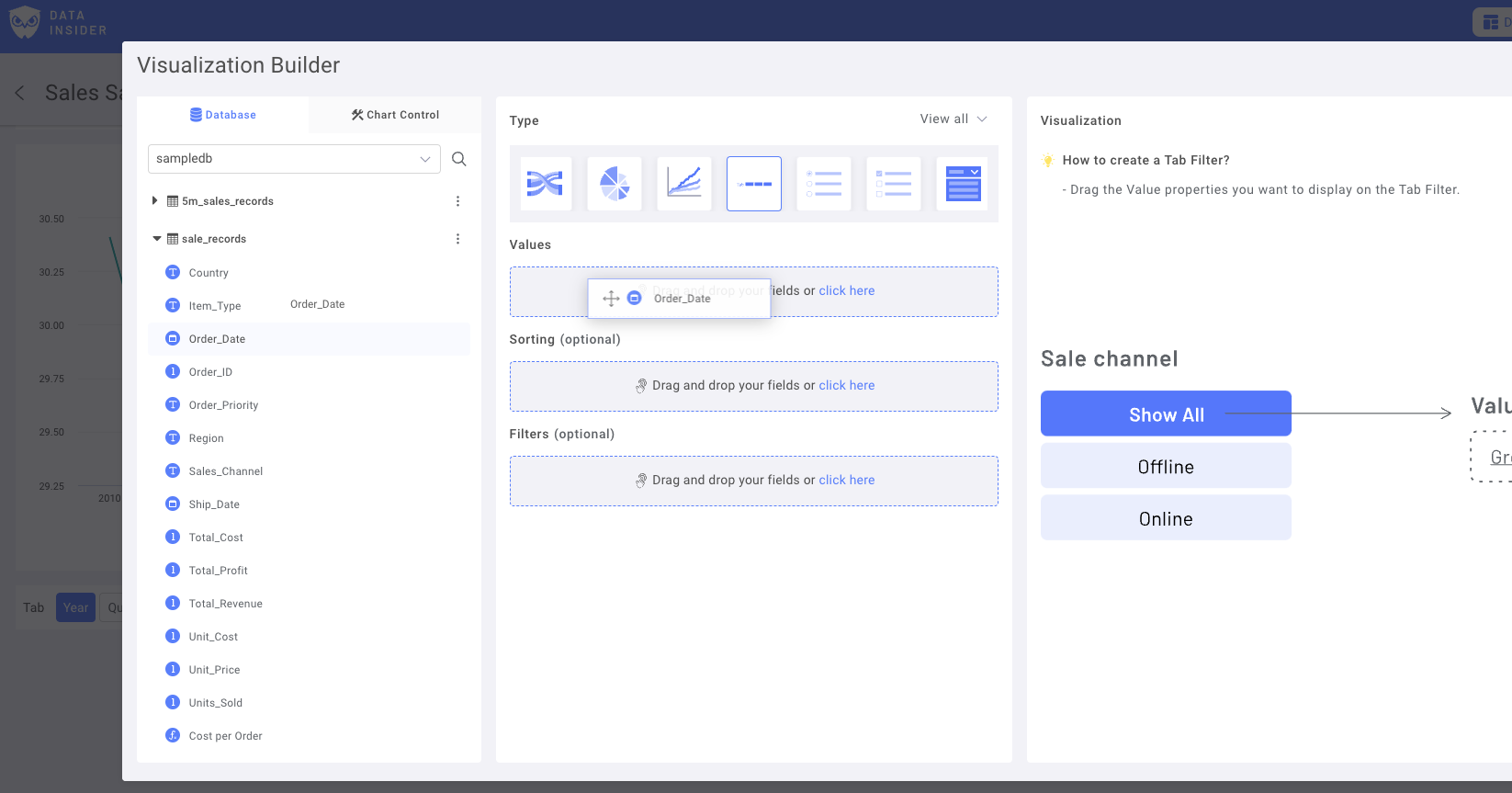 Rocket BI에서 사용 가능한 날짜 컬럼을 보여주는 Date 필드 선택 인터페이스