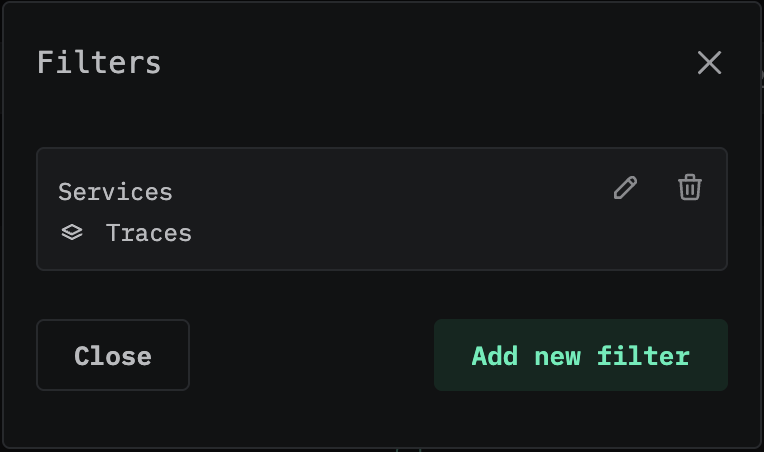 구성된 Services 필터를 보여주는 Filters 모달