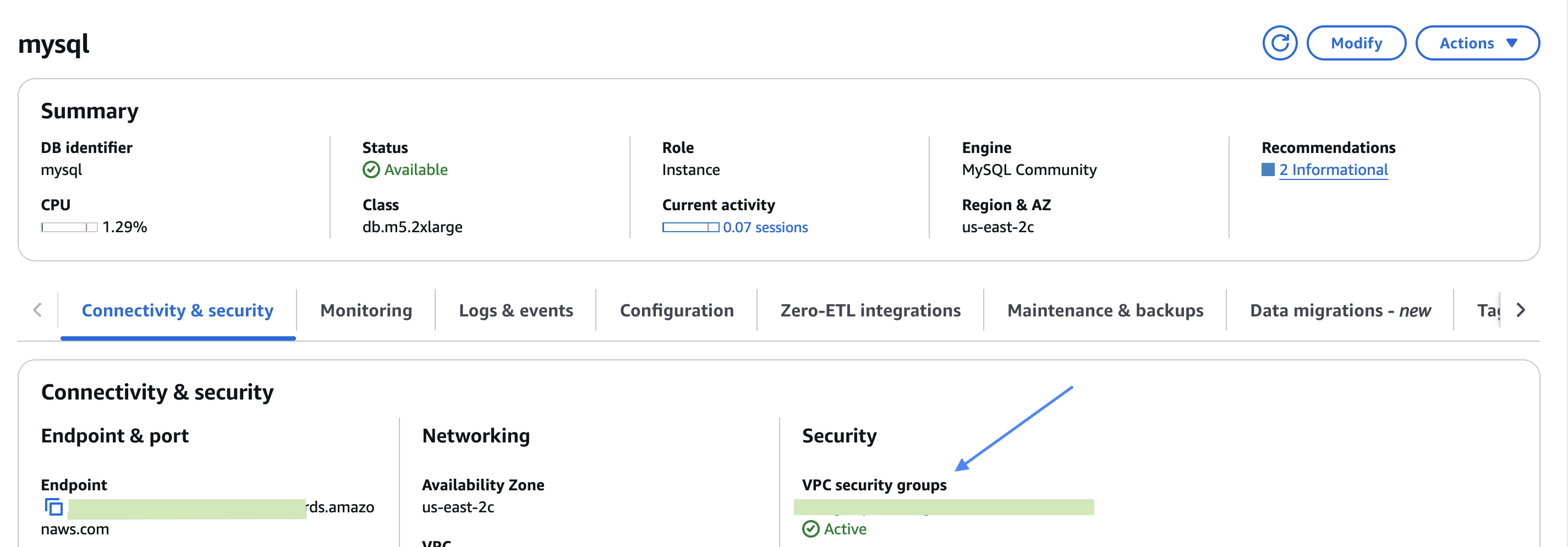 Aurora MySQL에서 보안 그룹을 찾는 위치