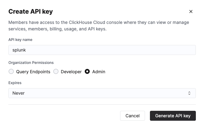 Admin 권한이 선택된 API Key 생성 인터페이스를 보여주는 ClickHouse Cloud console